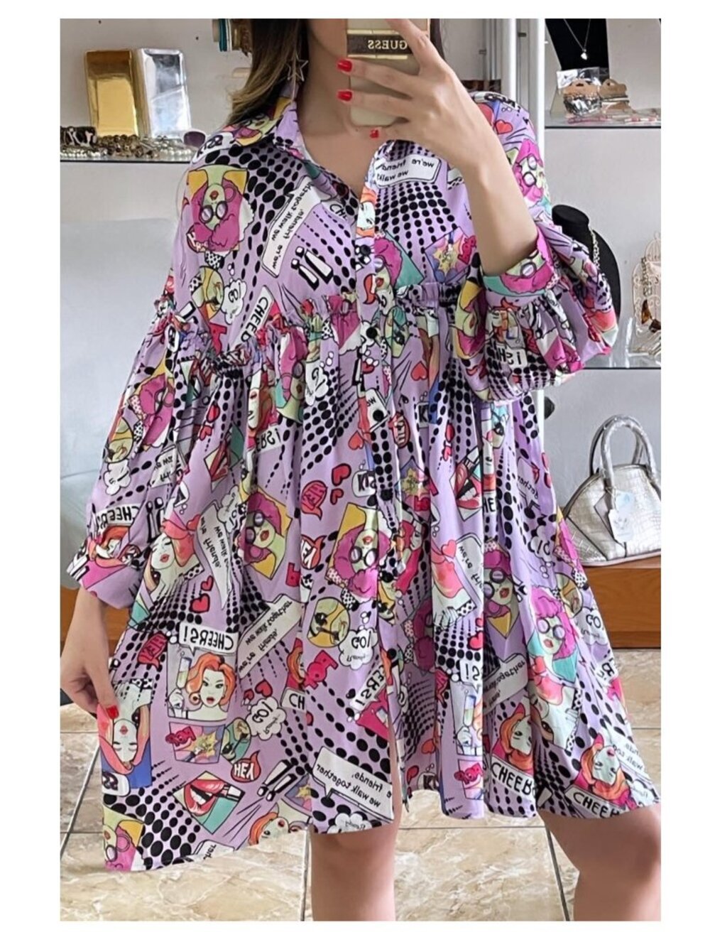 CQ by CQ Babydoll Shirt Dress Size L Comic Graphic Pop Print Colorful Whimsical